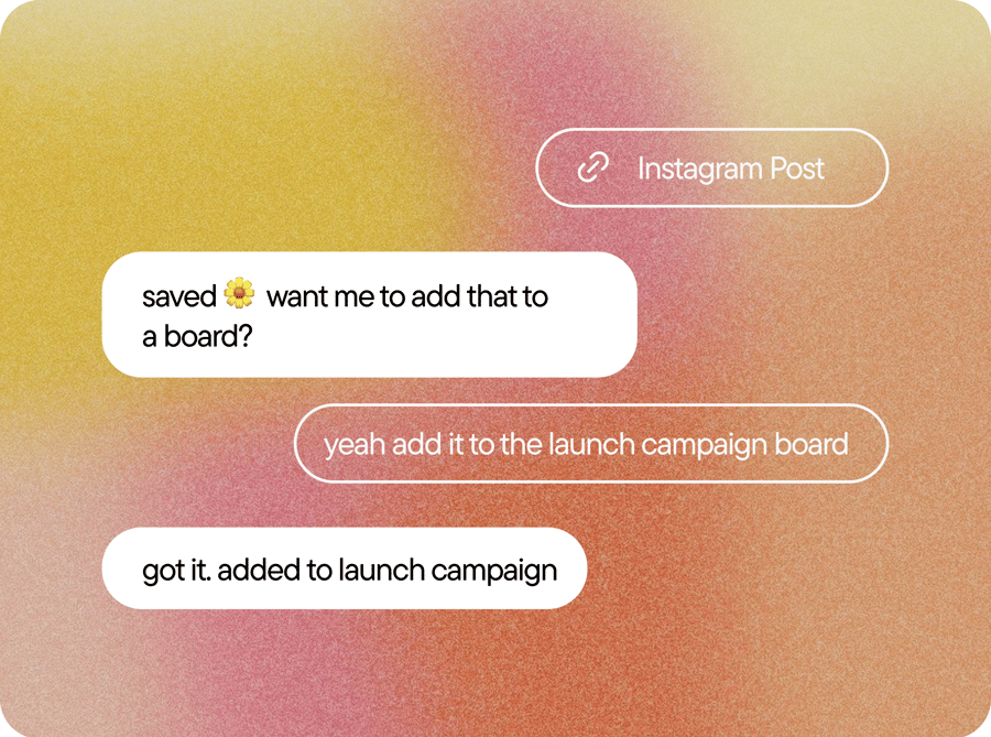 Text-to-save flow showing Instagram inspiration sent to Bloom